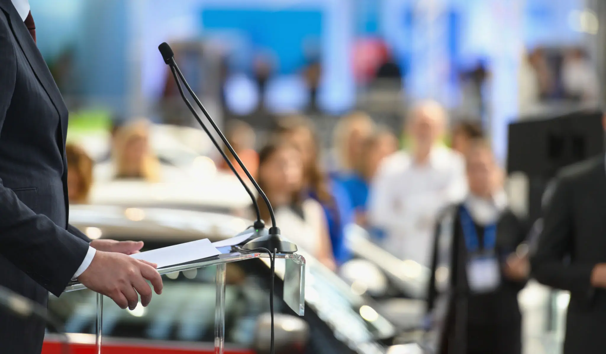 Microphone set up at a conference or event venue.